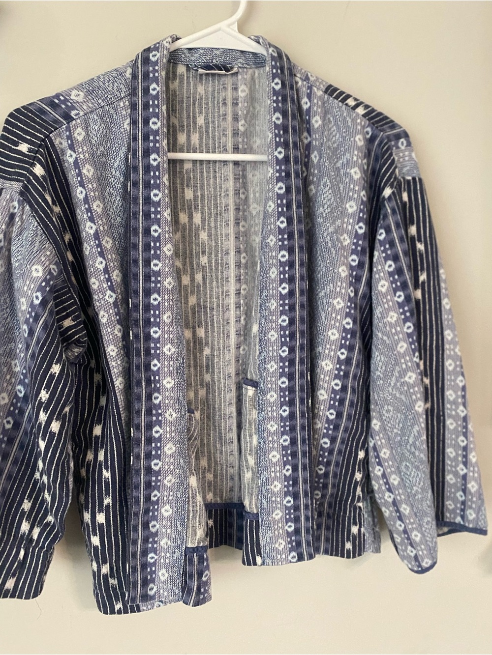 GAP Women’s Boho Navy and White Patterned Open-Front Jacket